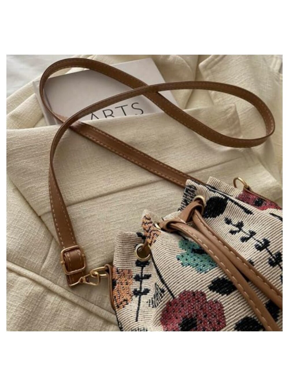 Mini Floral Embroidered Bucket Bag Drawstring Shoulder Purse - Picture 6 of 6
